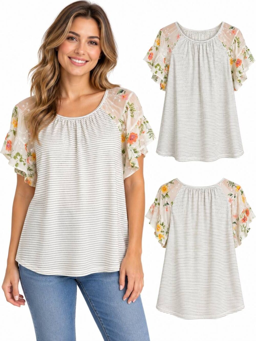 Doe & Rae Medium Striped Floral Sheer Flutter Sleeve Top